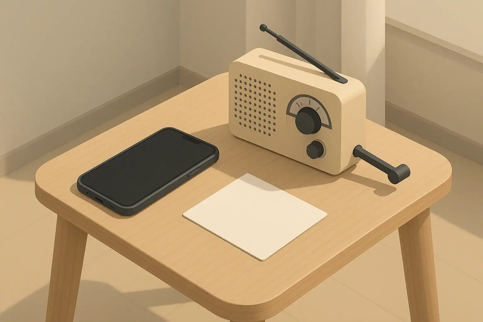 Isometric scene of phone radio and blank contact sheet