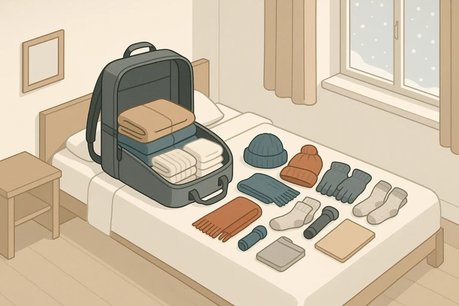 Open go-bag with neatly packed winter clothing essentials