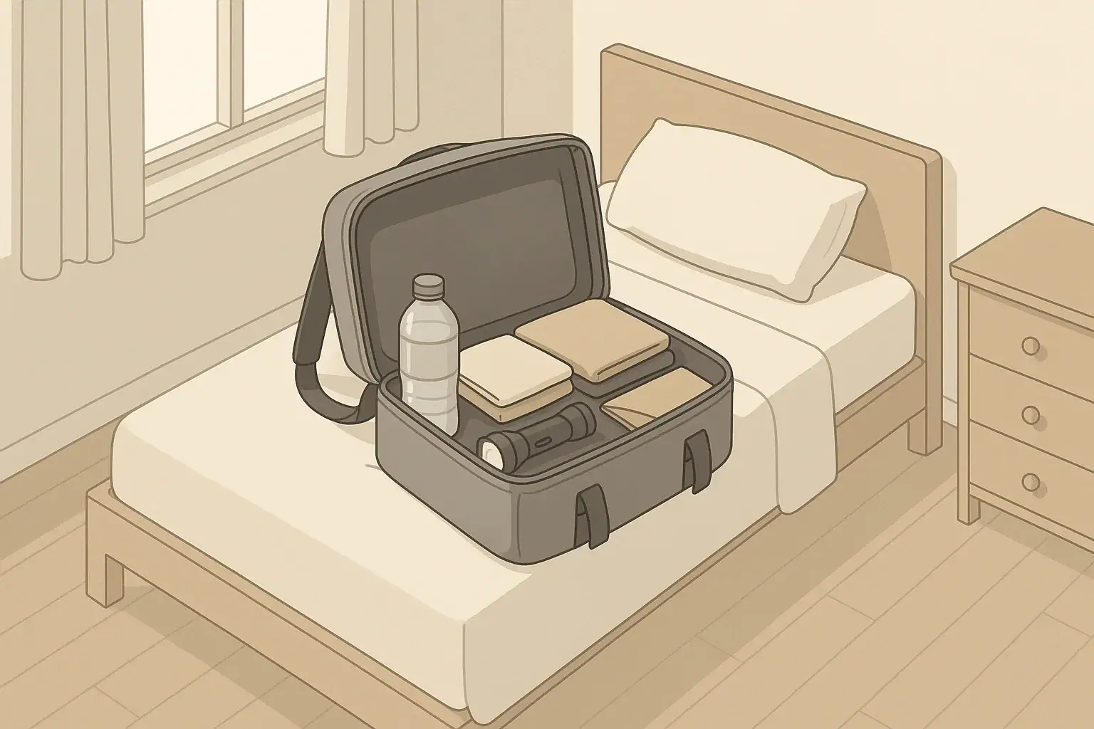 Open go-bag with waterproof document pouch and essentials