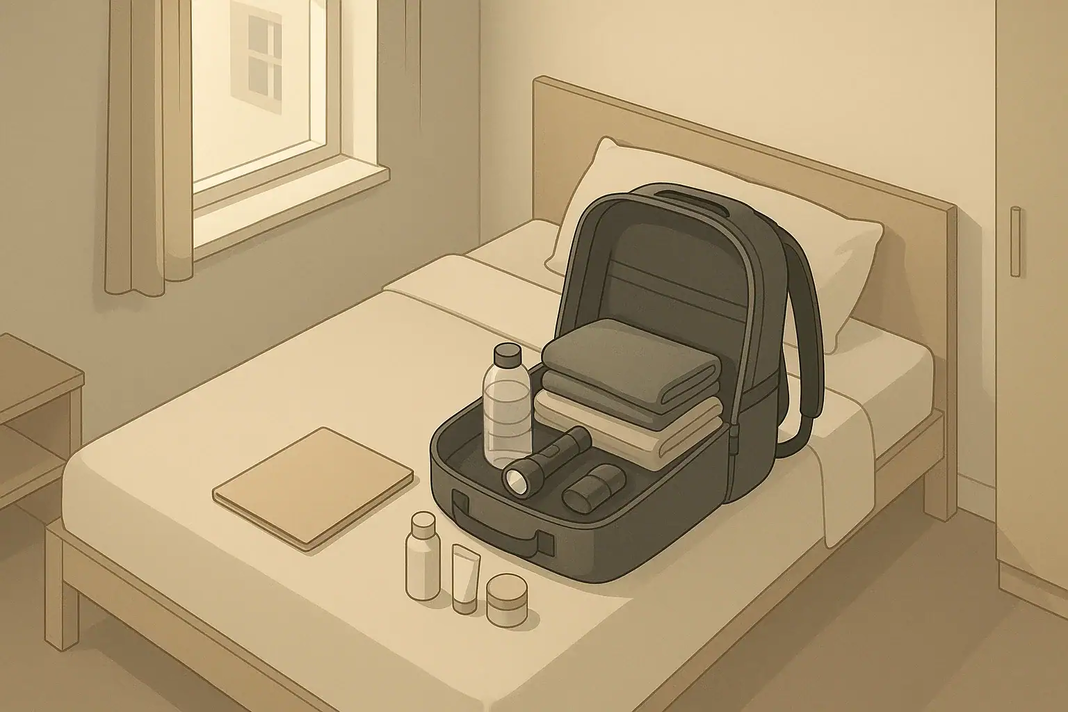 Open go-bag on bed with neatly arranged essentials
