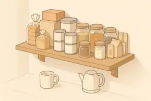 Pantry shelf with shelf-stable drinks and simple meal items