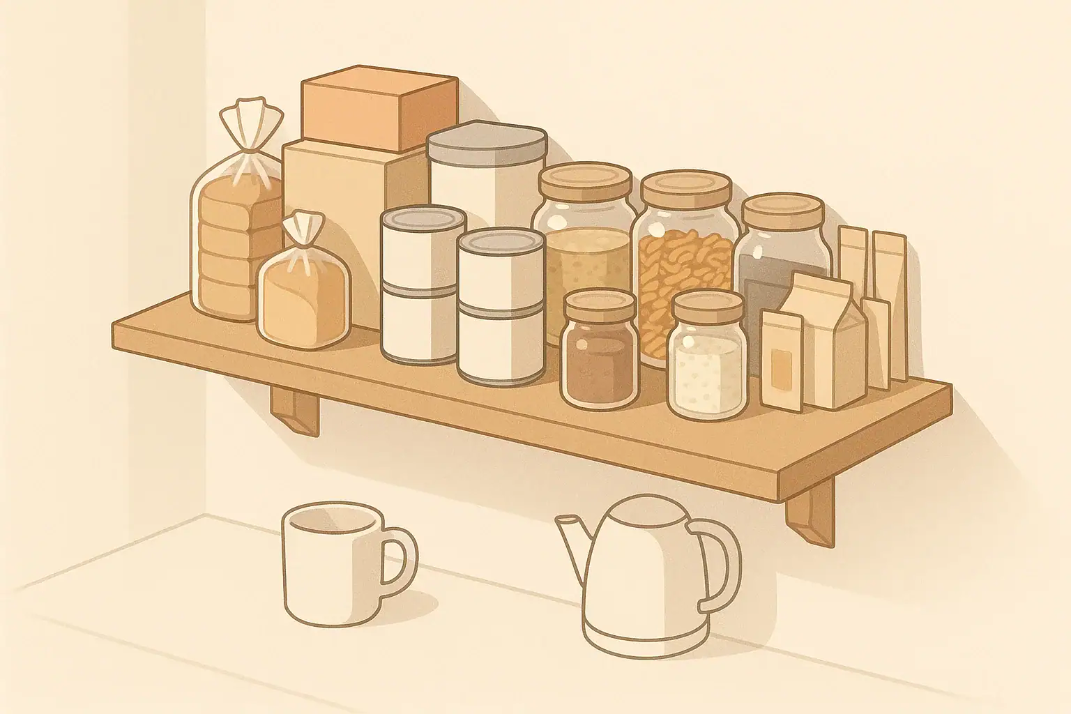 Pantry shelf with shelf-stable drinks and simple meal items