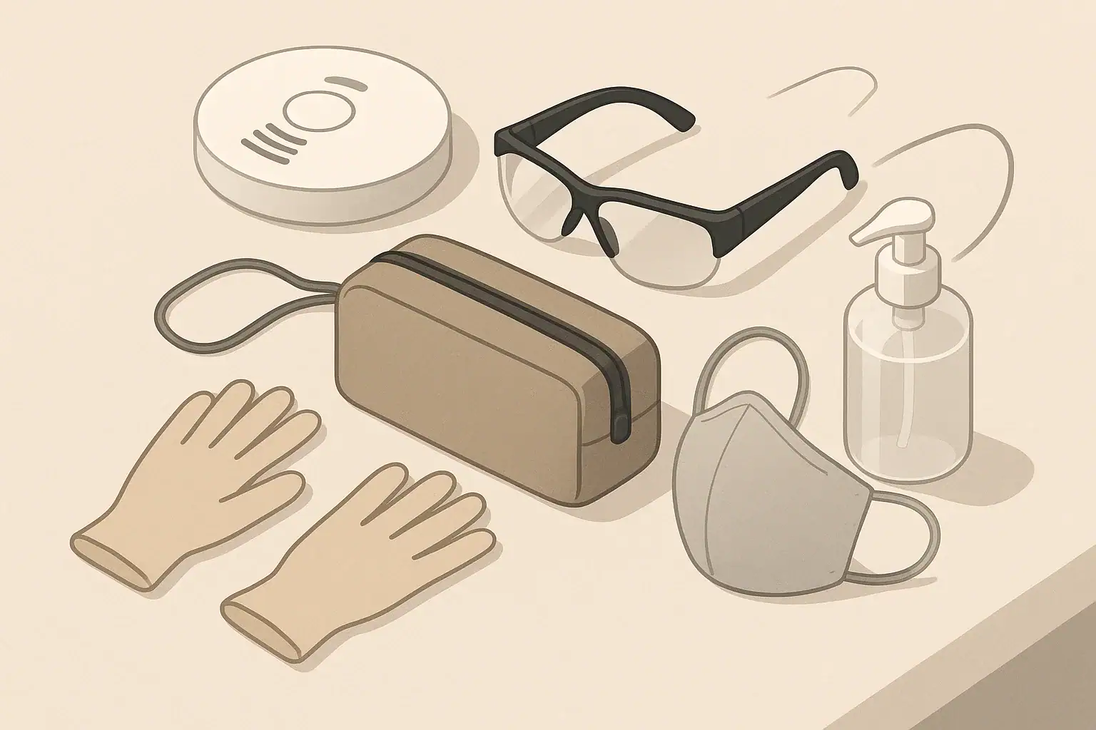 Neatly arranged home emergency cleanup safety kit items