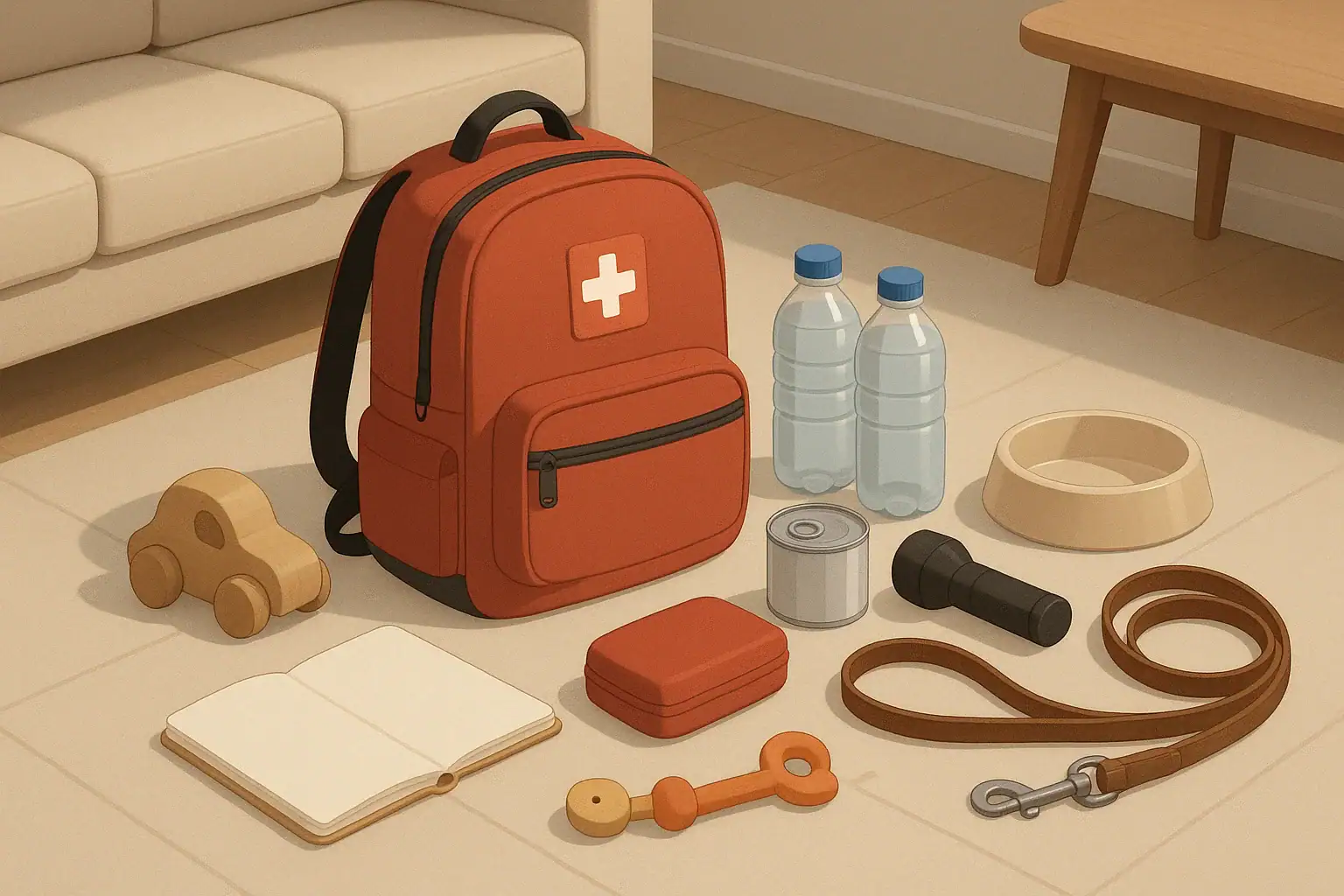Family and pet emergency supplies laid out neatly