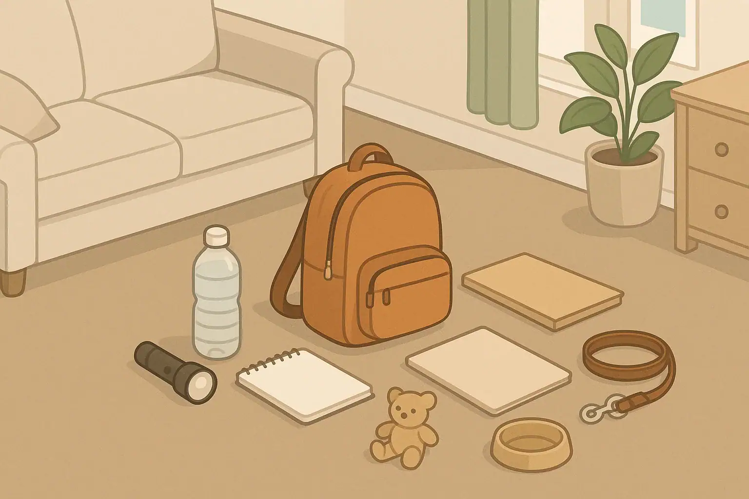 Family emergency kit with child and pet items on floor
