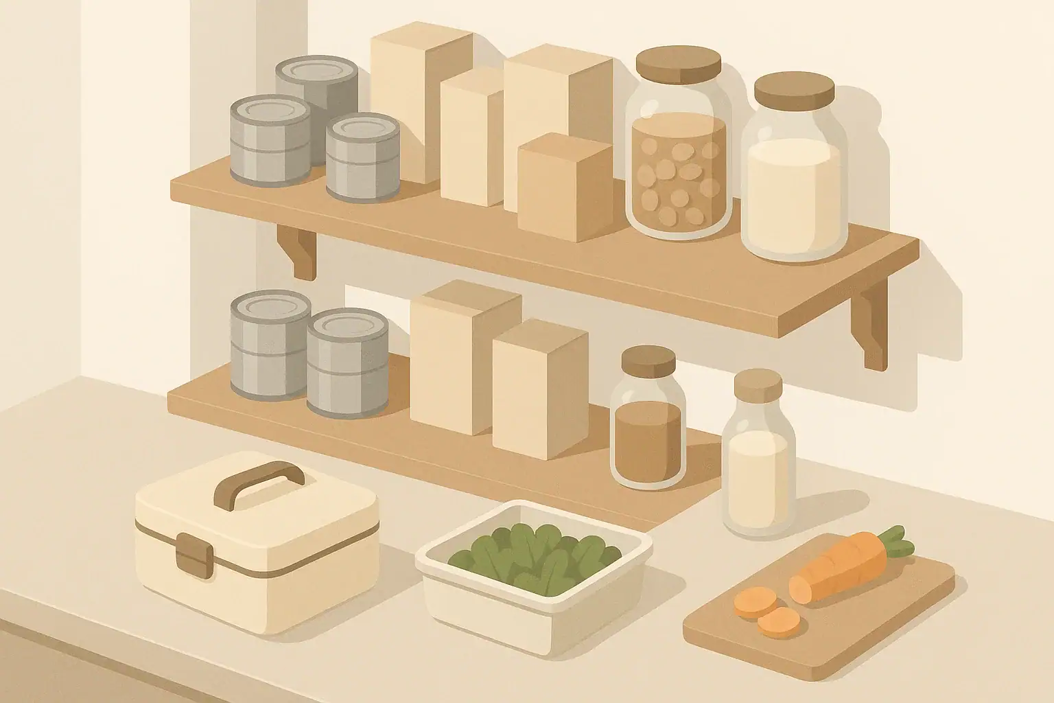 Pantry shelf with shelf stable foods and kids lunchbox