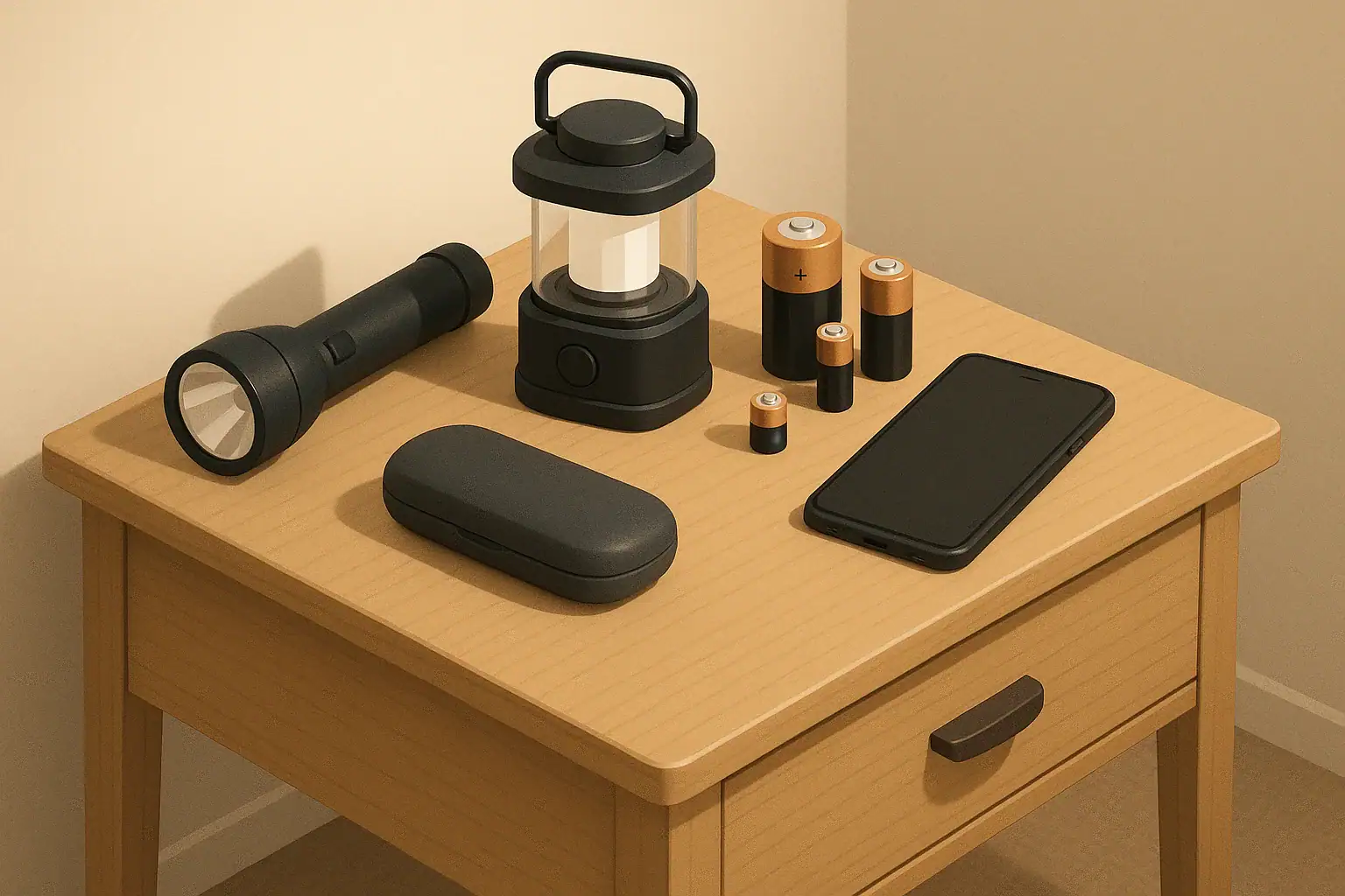 Nightstand with blackout lighting and battery essentials ready