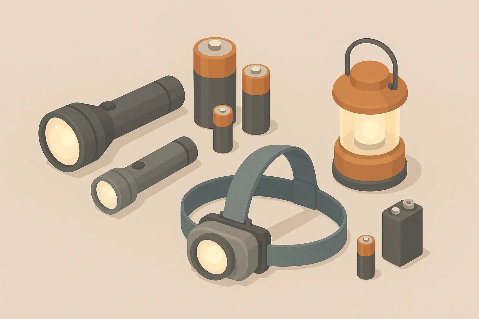 Isometric illustration of home emergency lighting kit items