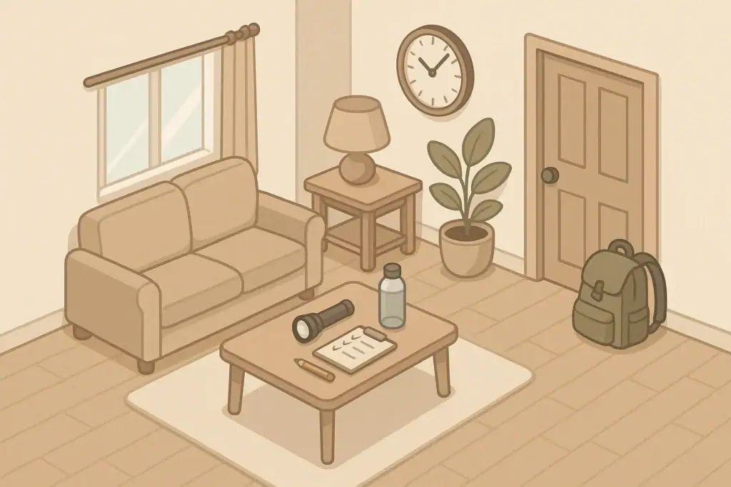Calm living room scene with checklist, flashlight, and go-bag by the door