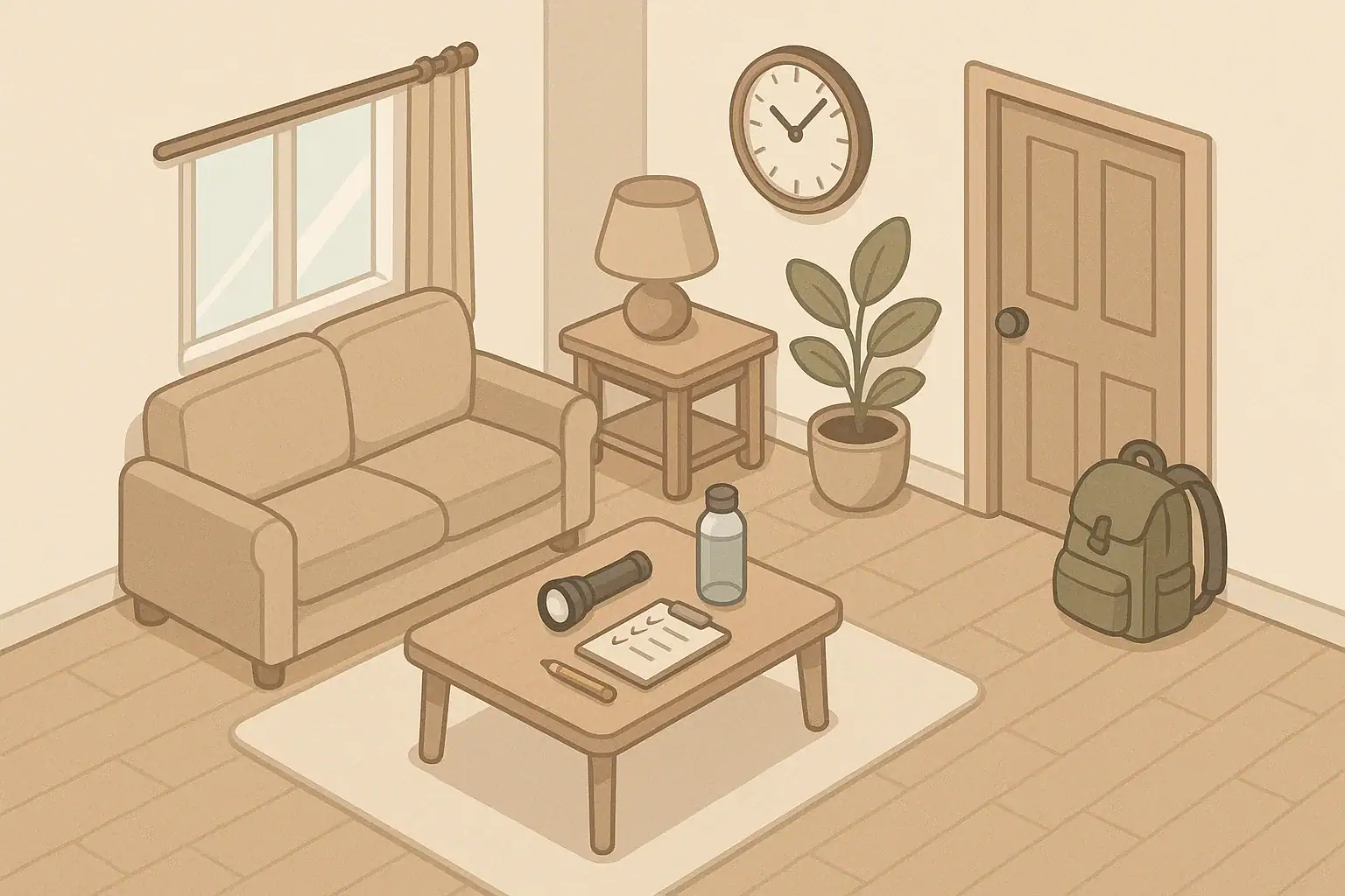 Calm living room scene with checklist, flashlight, and go-bag by the door