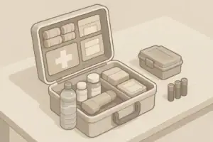 organized home emergency kit with sealed button battery container