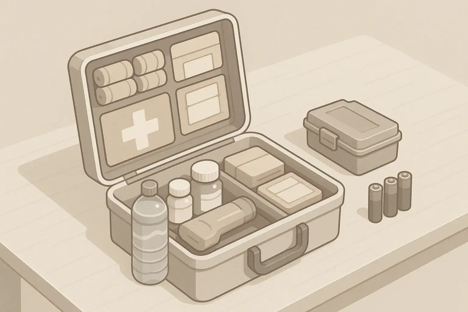 organized home emergency kit with sealed button battery container