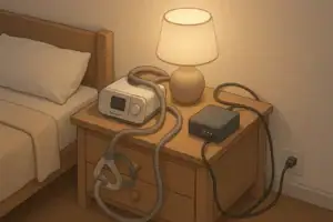 CPAP machine on bedroom nightstand connected to a small backup battery