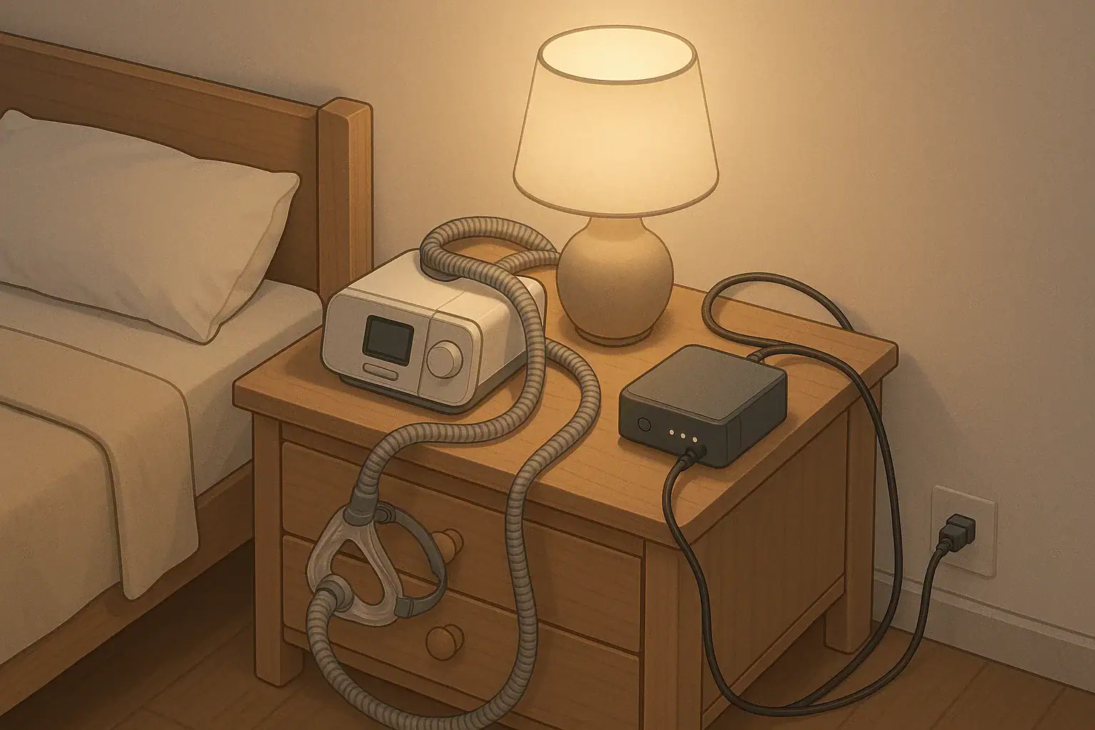 CPAP machine on bedroom nightstand connected to a small backup battery