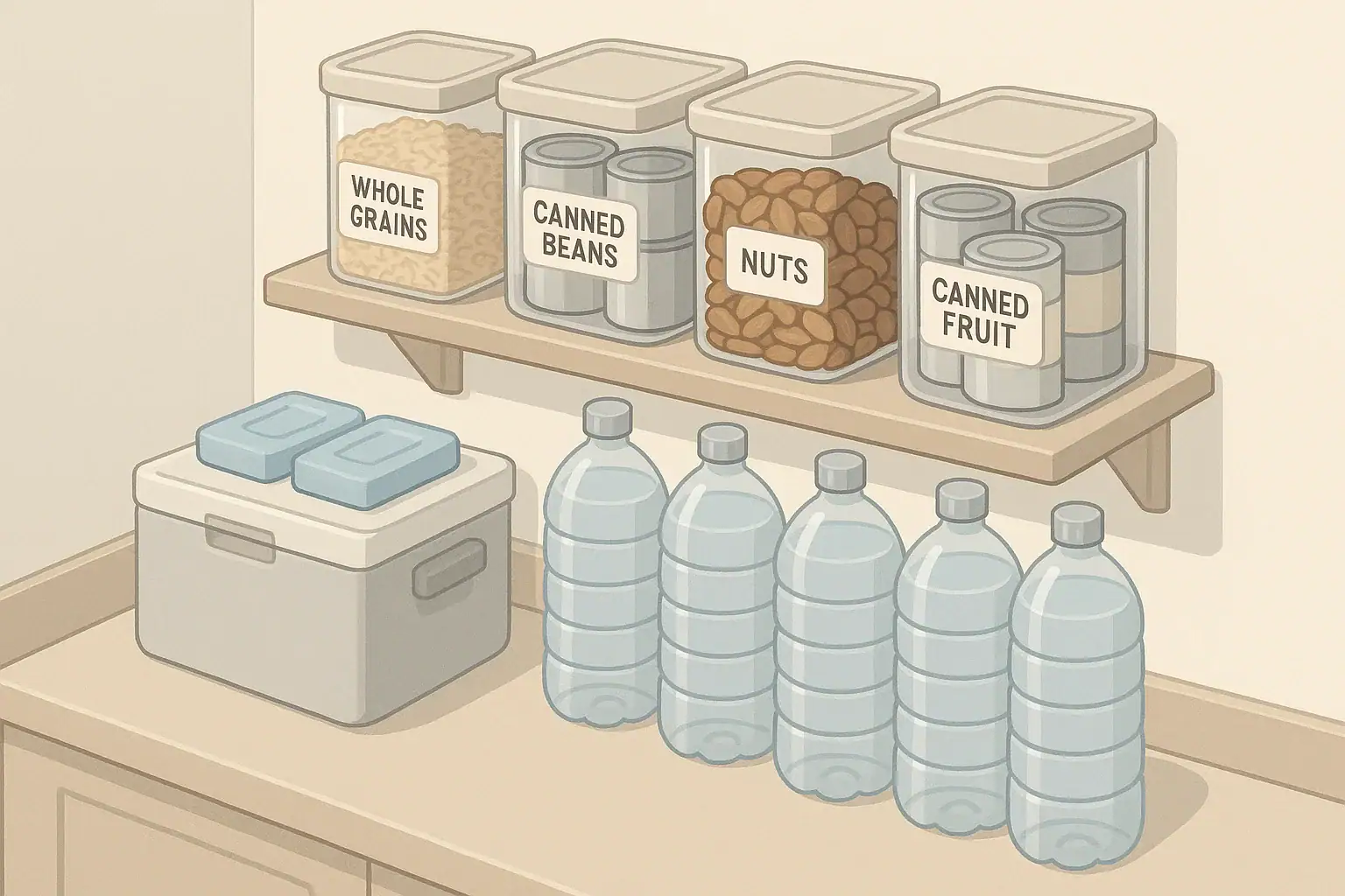 Isometric illustration of a home emergency pantry with diabetes-friendly foods and water