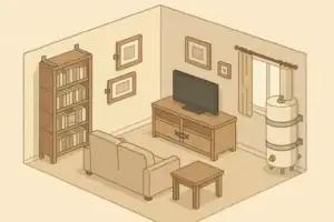 Living room furniture and water heater securely fastened for earthquake safety