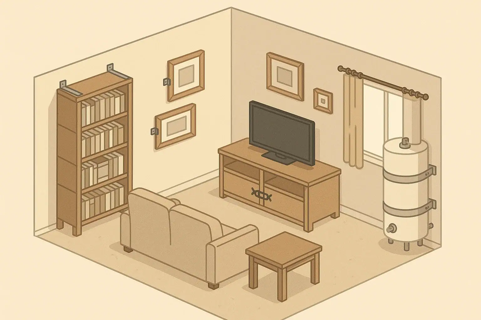Living room furniture and water heater securely fastened for earthquake safety