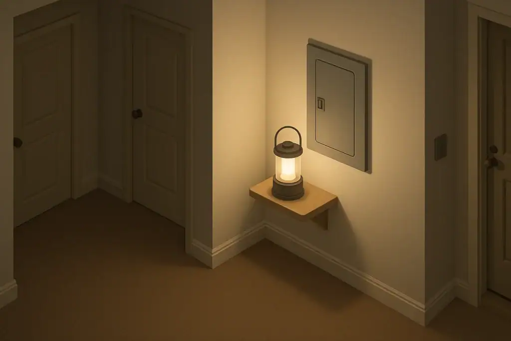 Battery lantern softly lighting a home electrical panel area