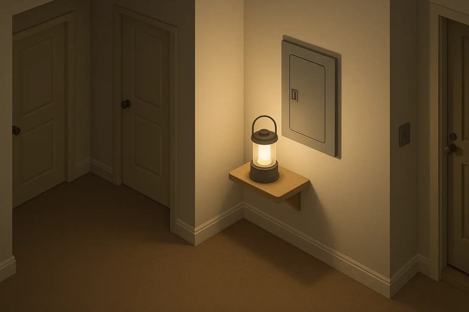 Battery lantern softly lighting a home electrical panel area