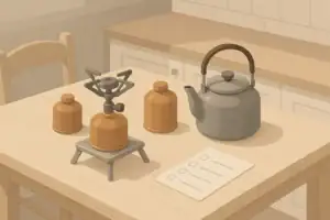 Isometric illustration of a small emergency stove with fuel and kettle