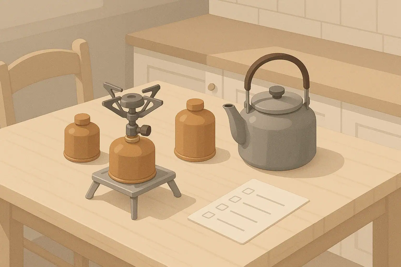 Isometric illustration of a small emergency stove with fuel and kettle