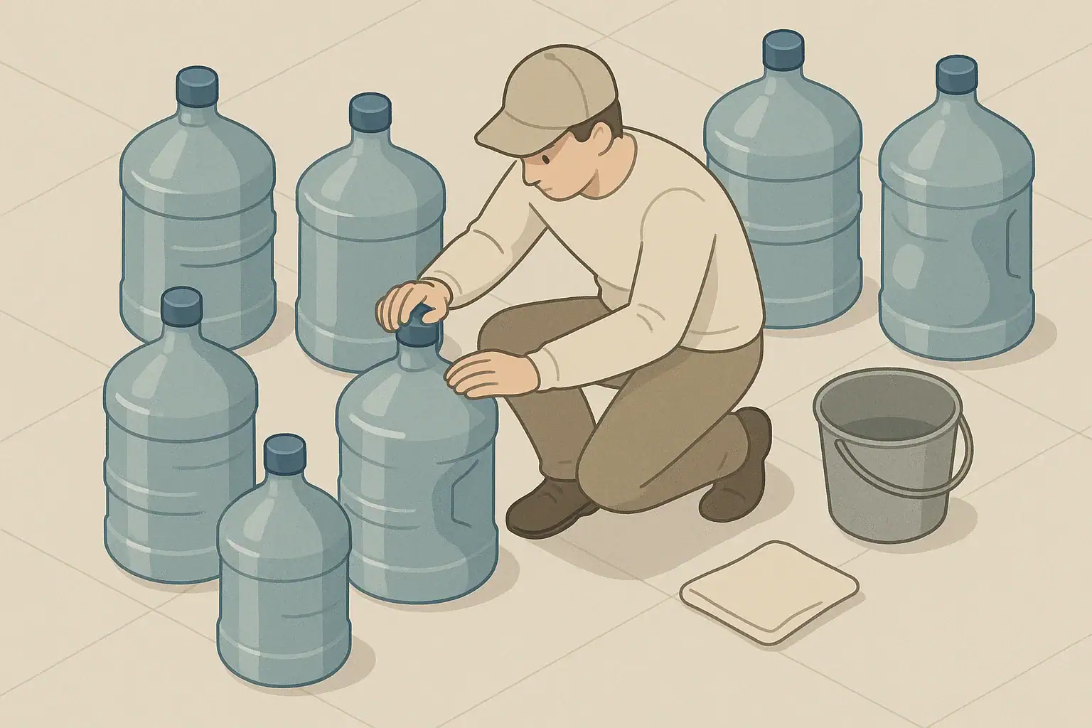 Person inspecting plastic water containers for leaks and bulging