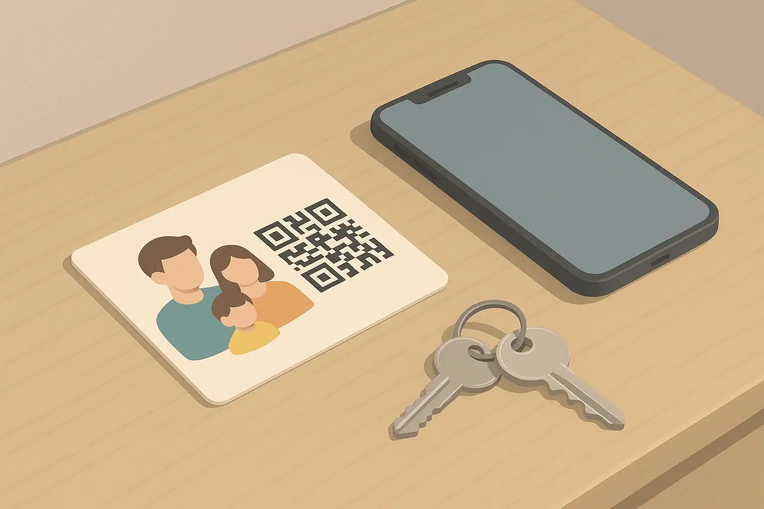 Family emergency QR card with QR code next to phone and house keys