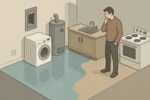 Person standing back from flooded room with outlets and breaker panel