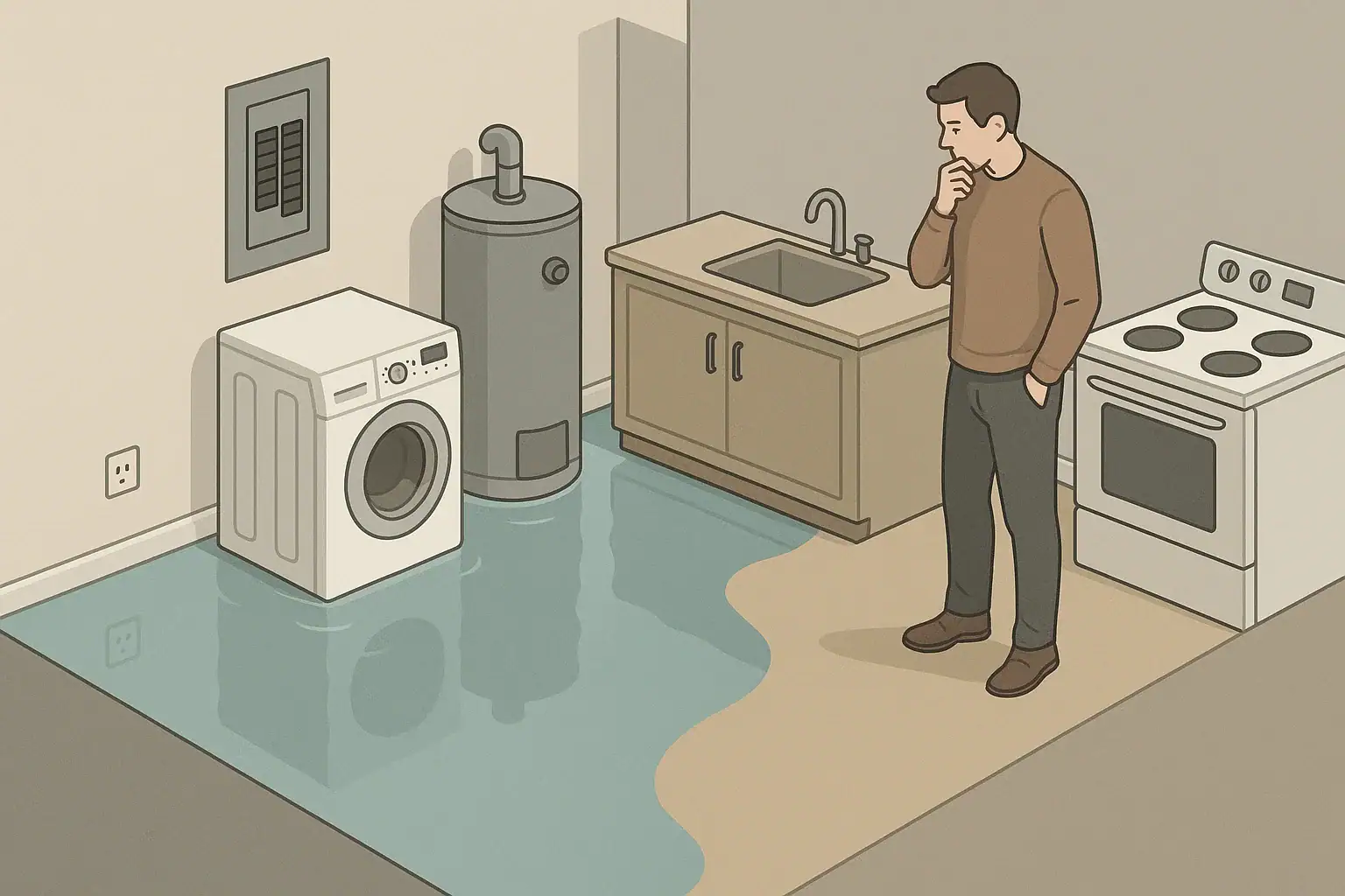Person standing back from flooded room with outlets and breaker panel