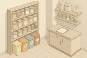Organized home pantry with labeled bins for food allergy safety