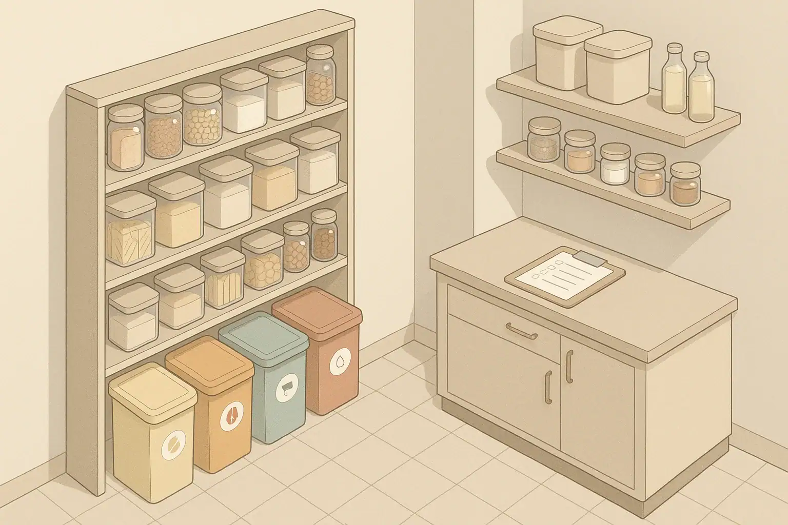Organized home pantry with labeled bins for food allergy safety
