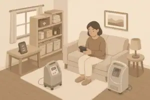 Living room with medical device backup battery and organized emergency supplies