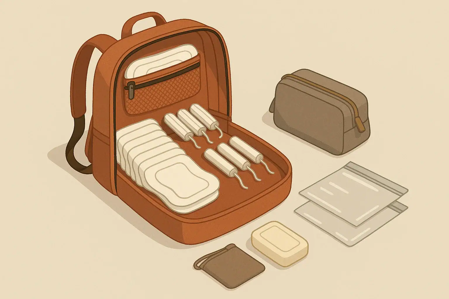 Go-bag neatly packed with compact menstrual hygiene supplies