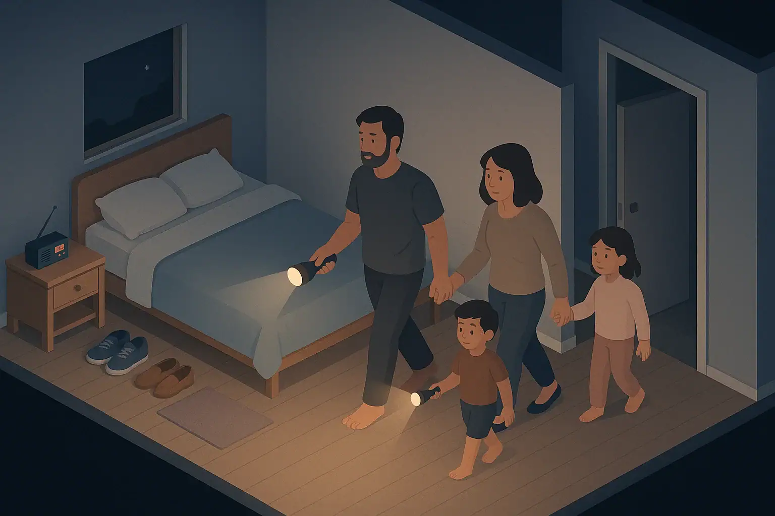 Family at night moving from bedroom to interior safe room with shoes and flashlights