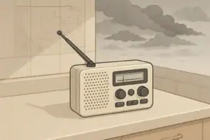 home emergency weather radio on counter with map background