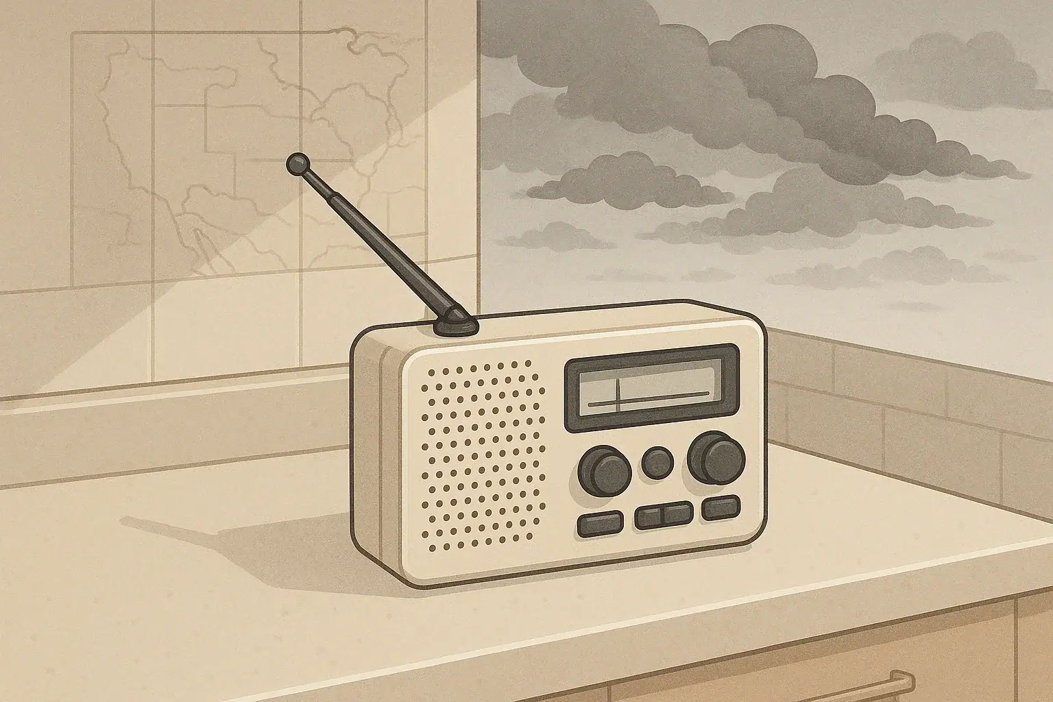 home emergency weather radio on counter with map background
