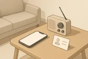 Calm living room with emergency phone and radio setup