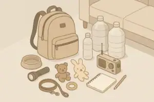 Family emergency kit with child and pet essentials