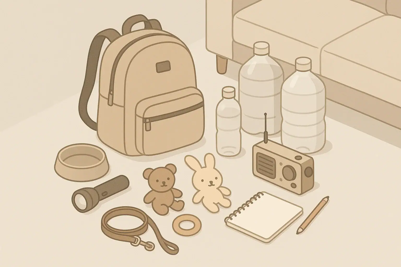 Family emergency kit with child and pet essentials