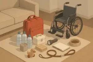 Family emergency kit layout with wheelchair child and pet items