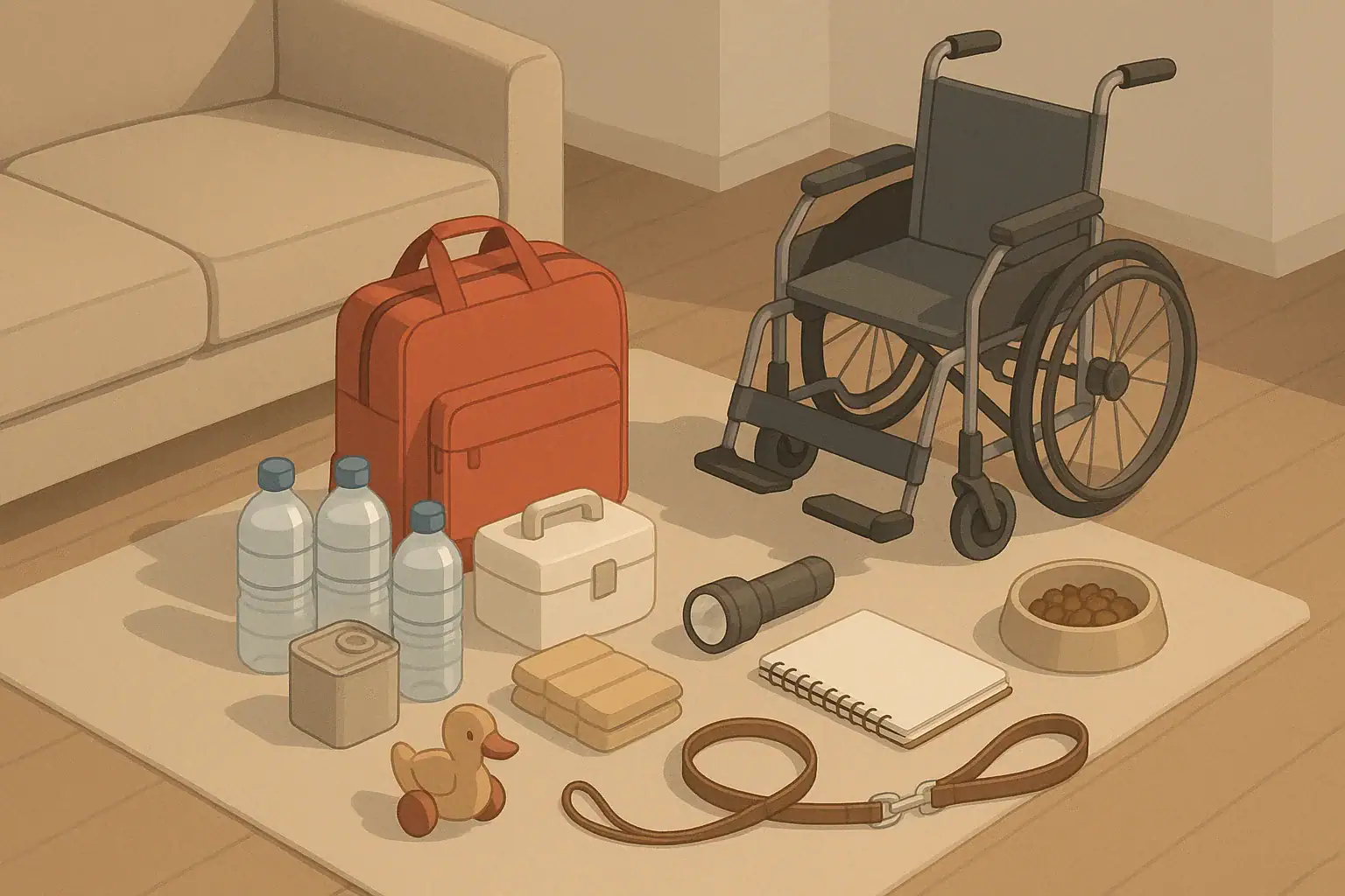 Family emergency kit layout with wheelchair child and pet items