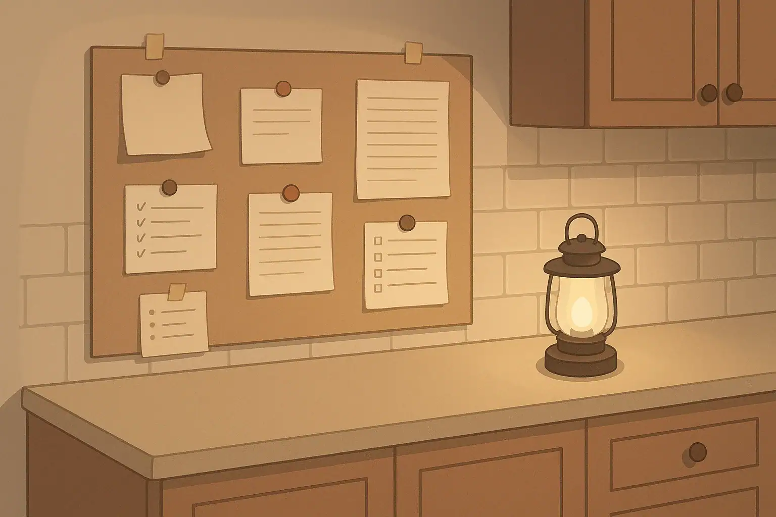 Family kitchen wall with paper message board and outage notes