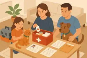 Family preparing pet emergency kit with tagged dog and cat