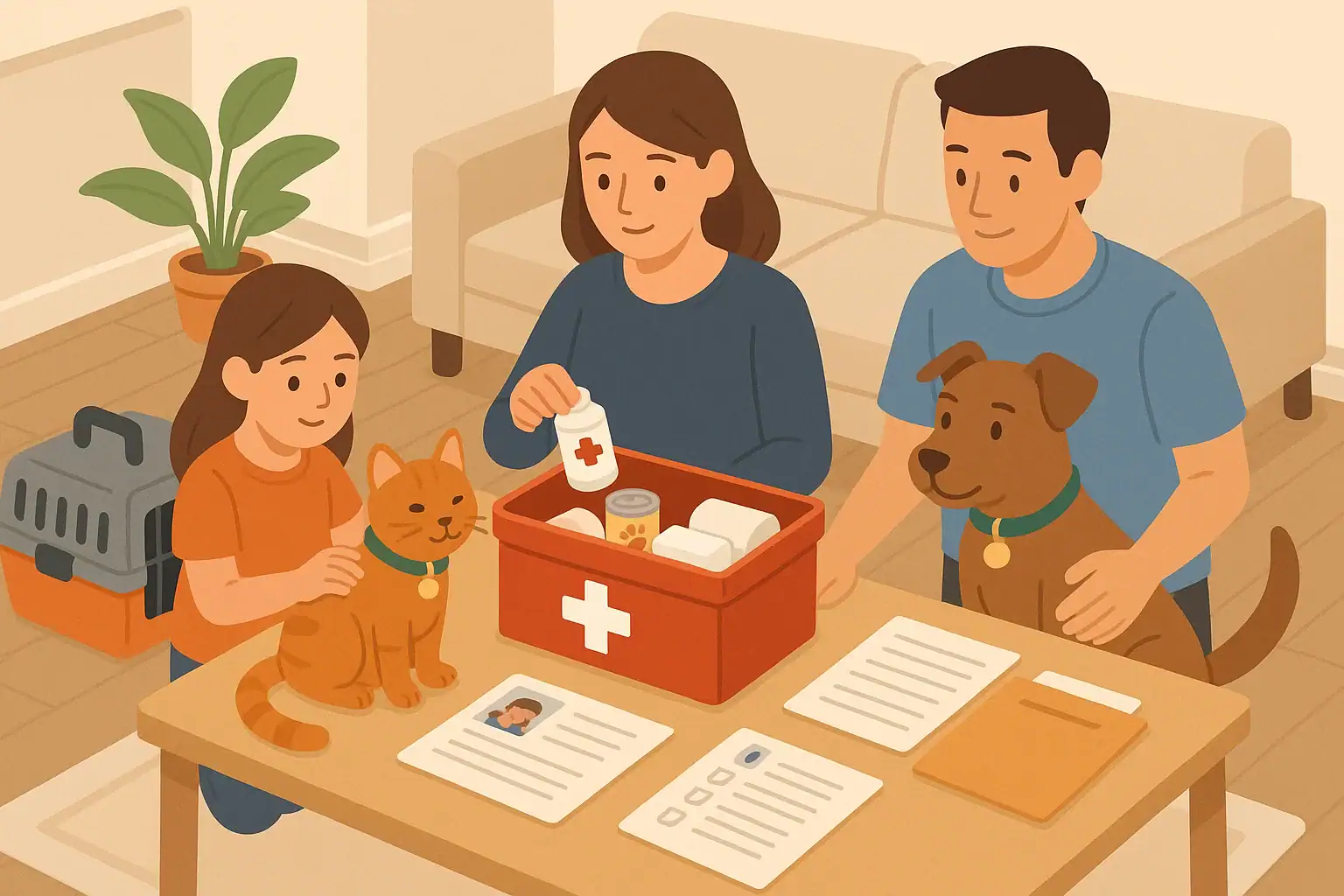 Family preparing pet emergency kit with tagged dog and cat