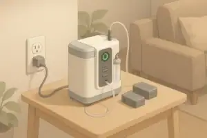 Portable oxygen concentrator with spare batteries in a living room