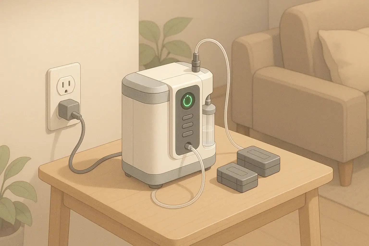 Portable oxygen concentrator with spare batteries in a living room