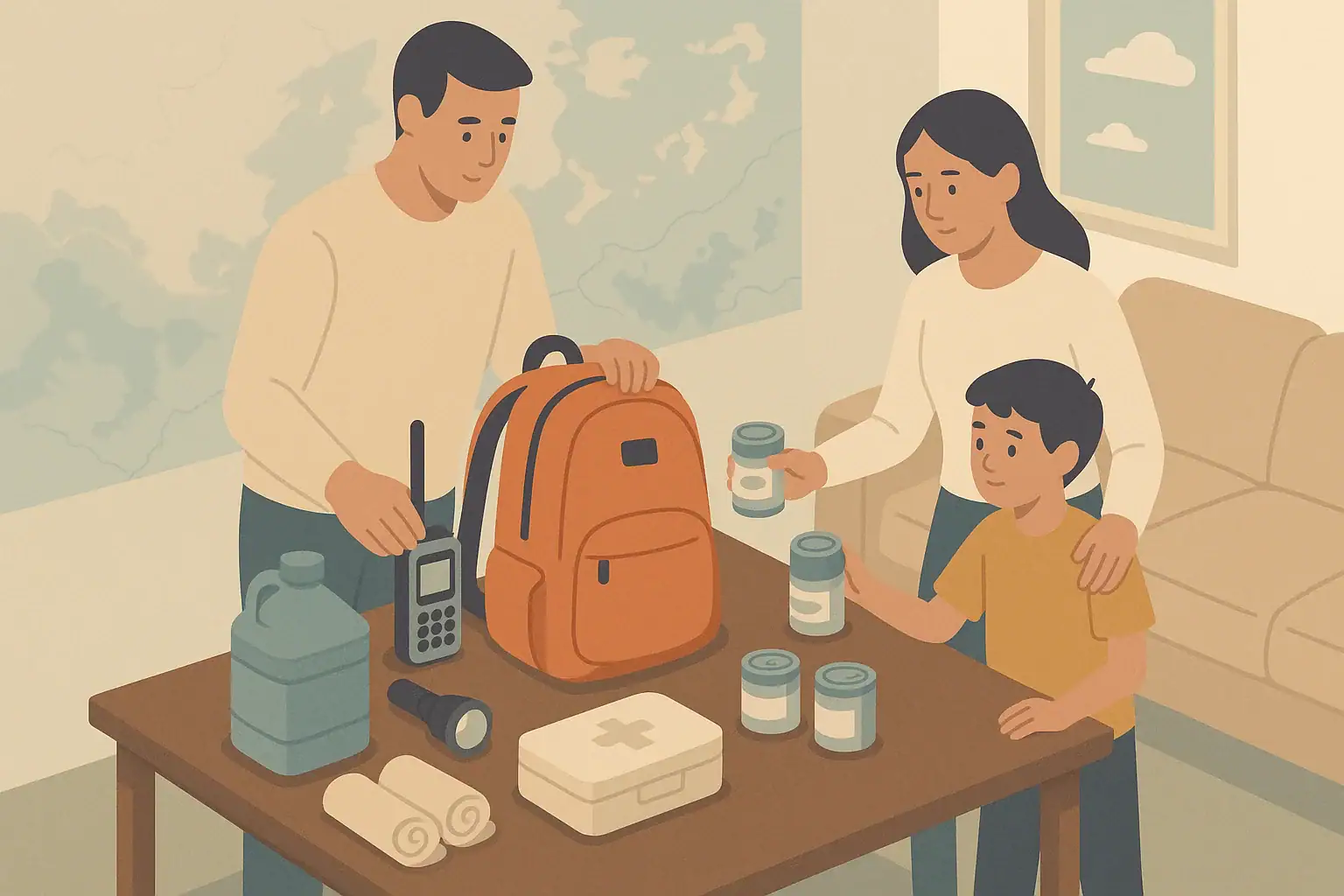 Family preparing evacuation go bag with handheld satellite communicator