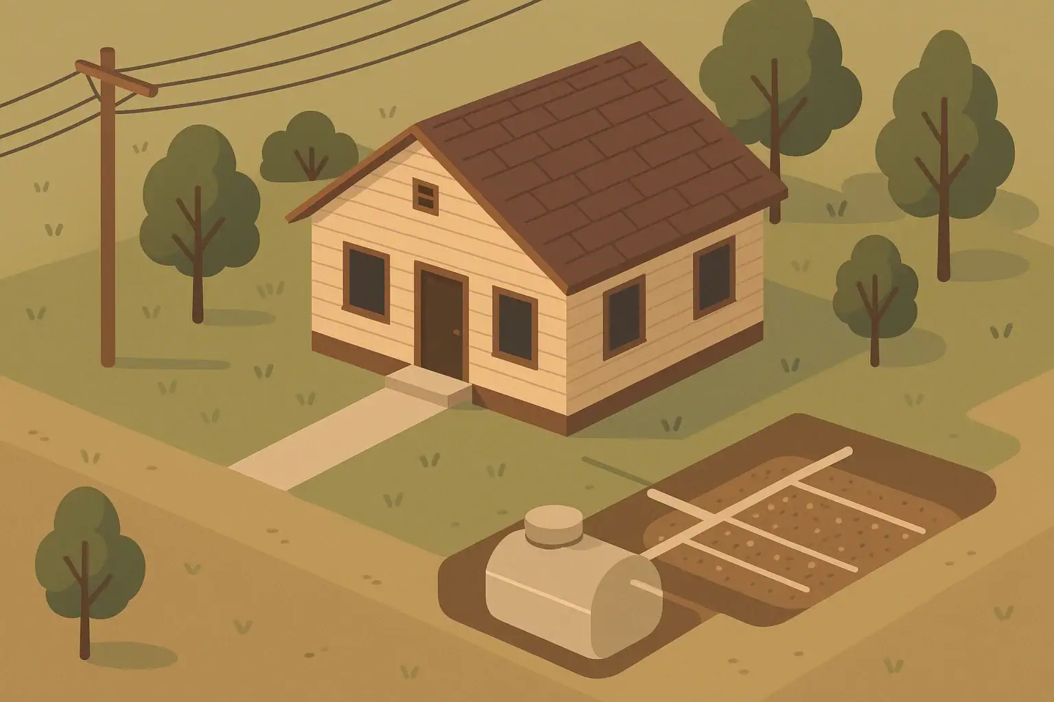 House with septic tank and drain field during a power outage