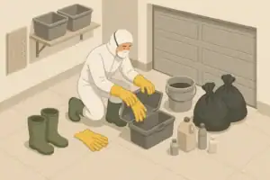 Person in protective gear preparing a home sewage cleanup kit