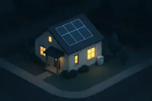 House with rooftop solar panels and battery backup during outage
